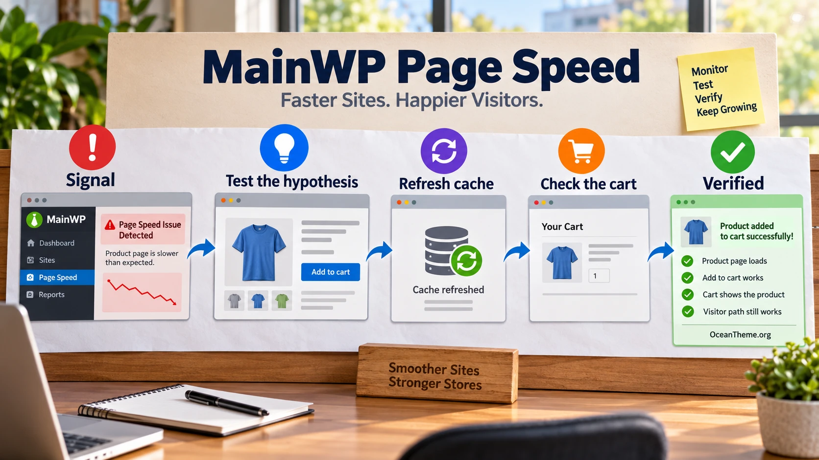 MainWP Page Speed workflow from a score-drop signal to product-page validation
