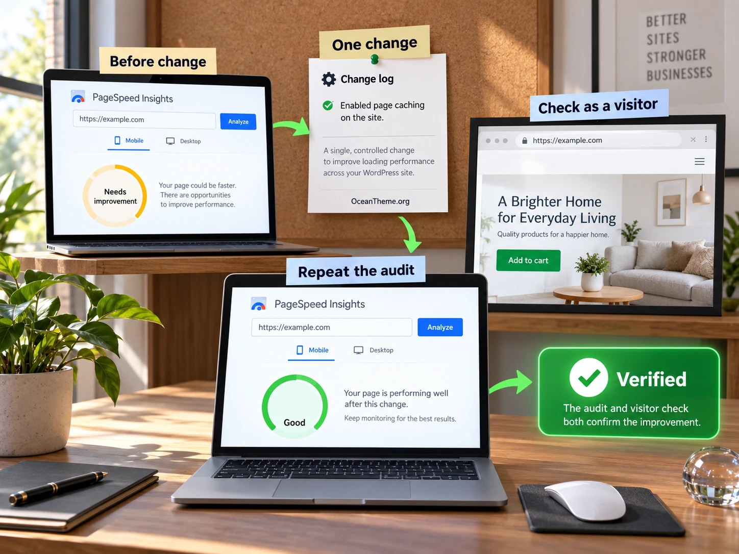 MainWP Page Speed validation compares a change, URL audit, and user outcome