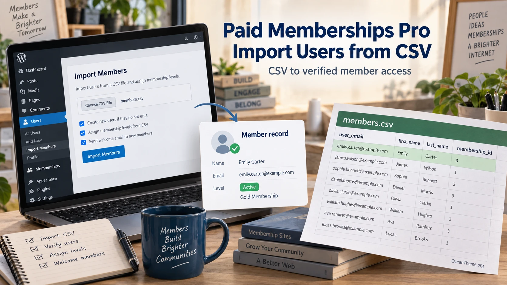 Paid Memberships Pro Import Users from CSV guide cover showing the path from a CSV file to a member account