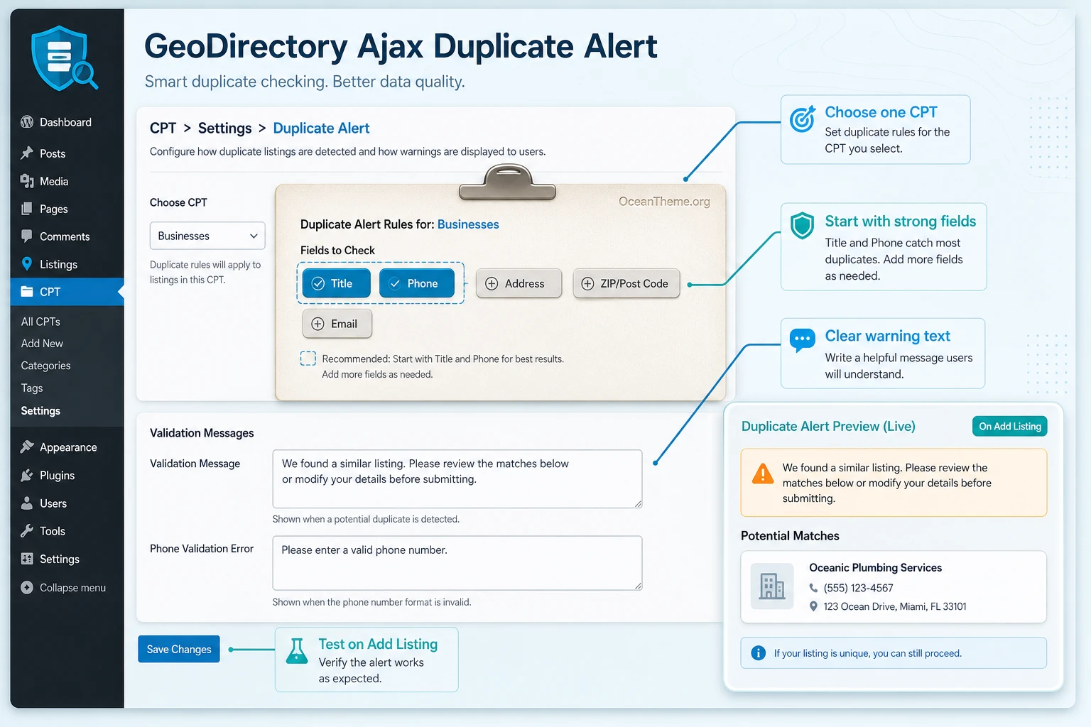 GeoDirectory Ajax Duplicate Alert settings for choosing duplicate-check fields