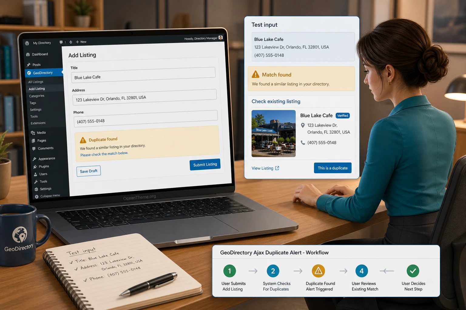 A user tests the GeoDirectory Ajax Duplicate Alert warning on the listing submission form
