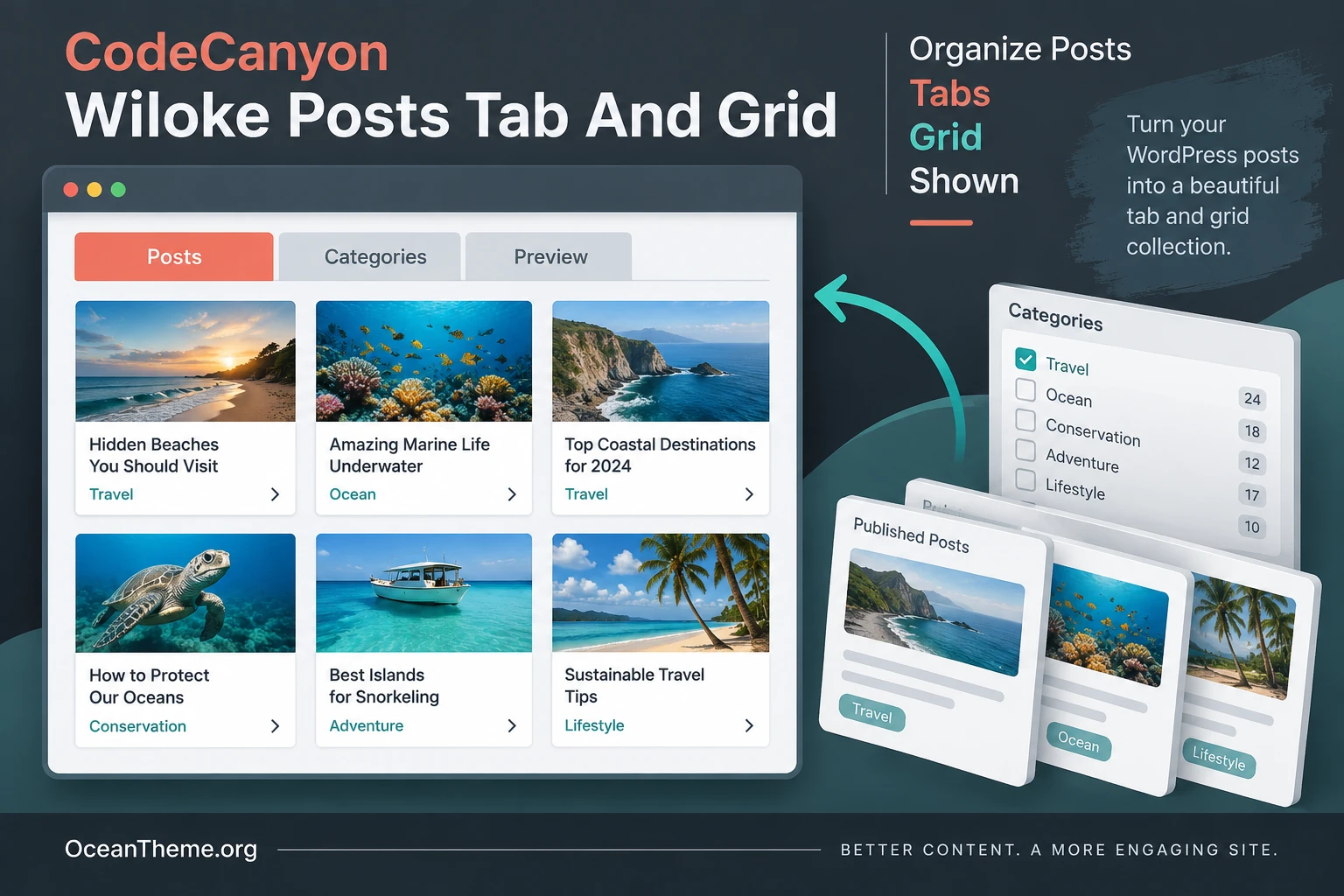 CodeCanyon Wiloke Posts Tab And Grid displays related WordPress posts in a grid and tabs