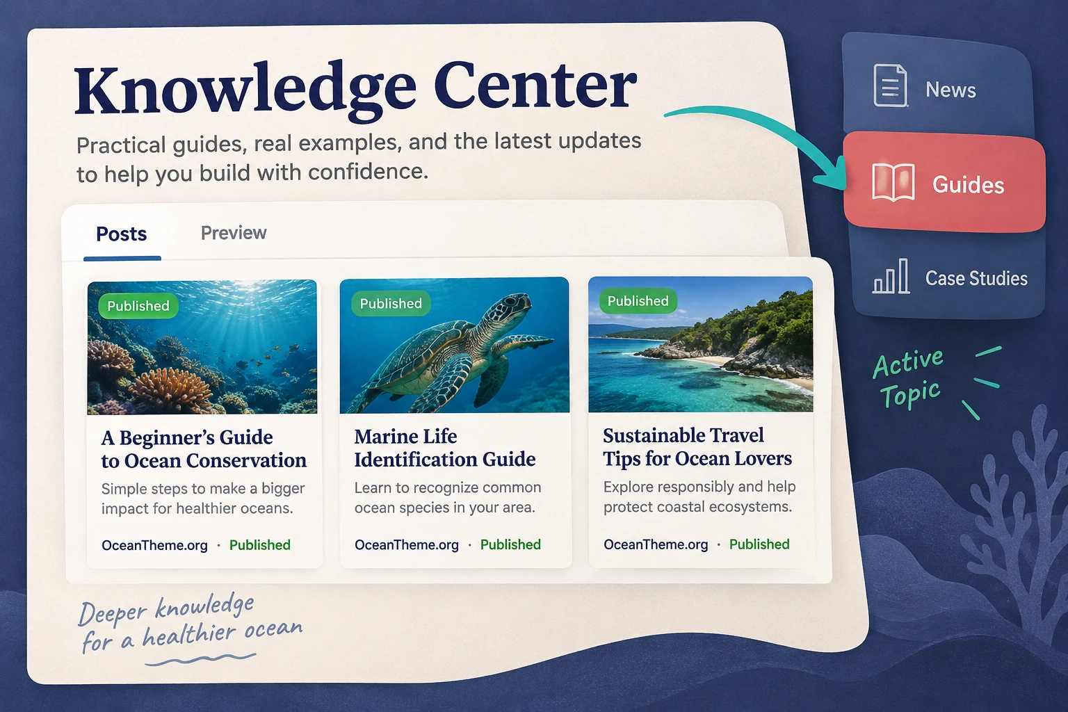 Example of WordPress tabs for tutorials, case studies, and news