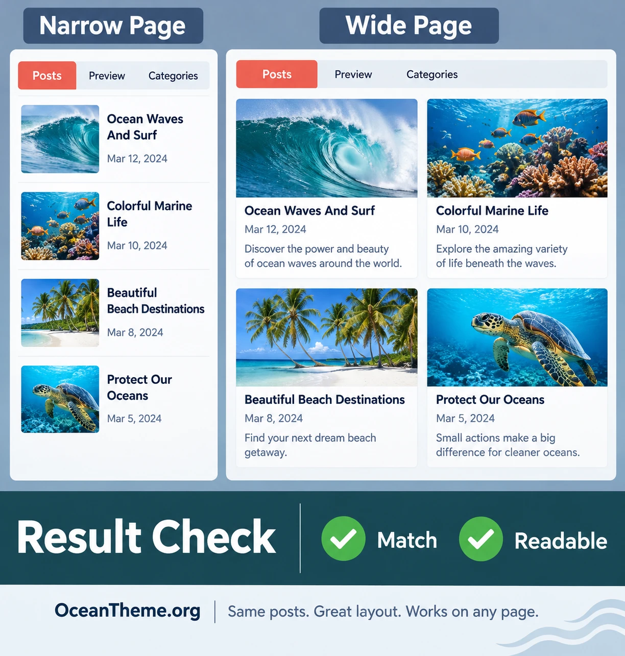 Checking the CodeCanyon Wiloke Posts Tab And Grid layout at wide and narrow page widths