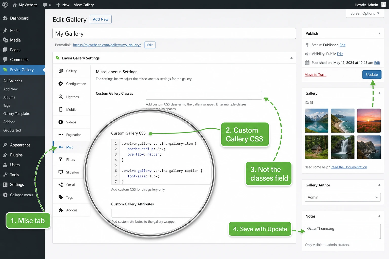 Diagram of the Misc tab and the Custom Gallery CSS field in Envira Gallery CSS