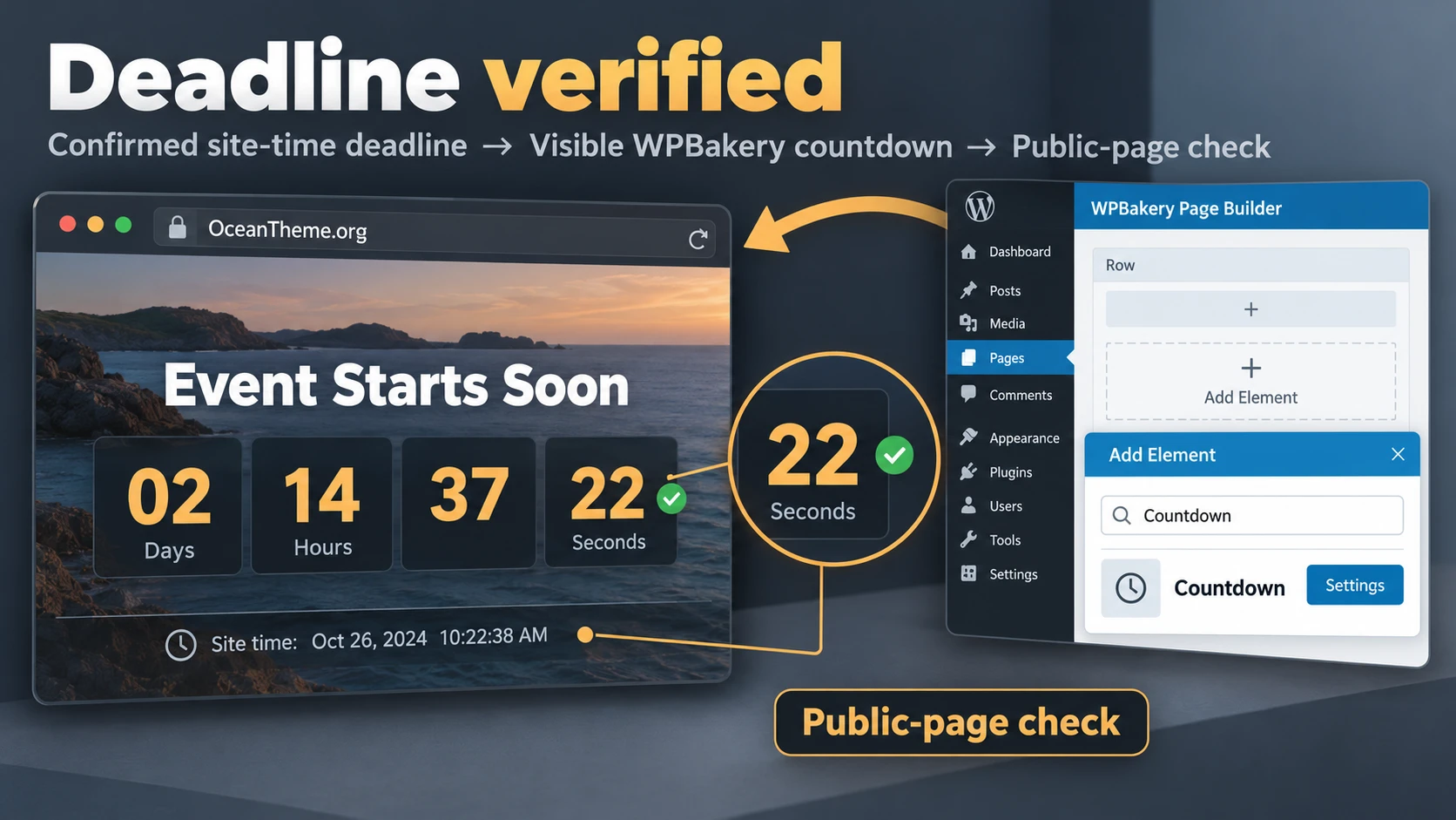 CodeCanyon Countdown in WPBakery: setting a deadline, displaying the timer, and checking it on the page