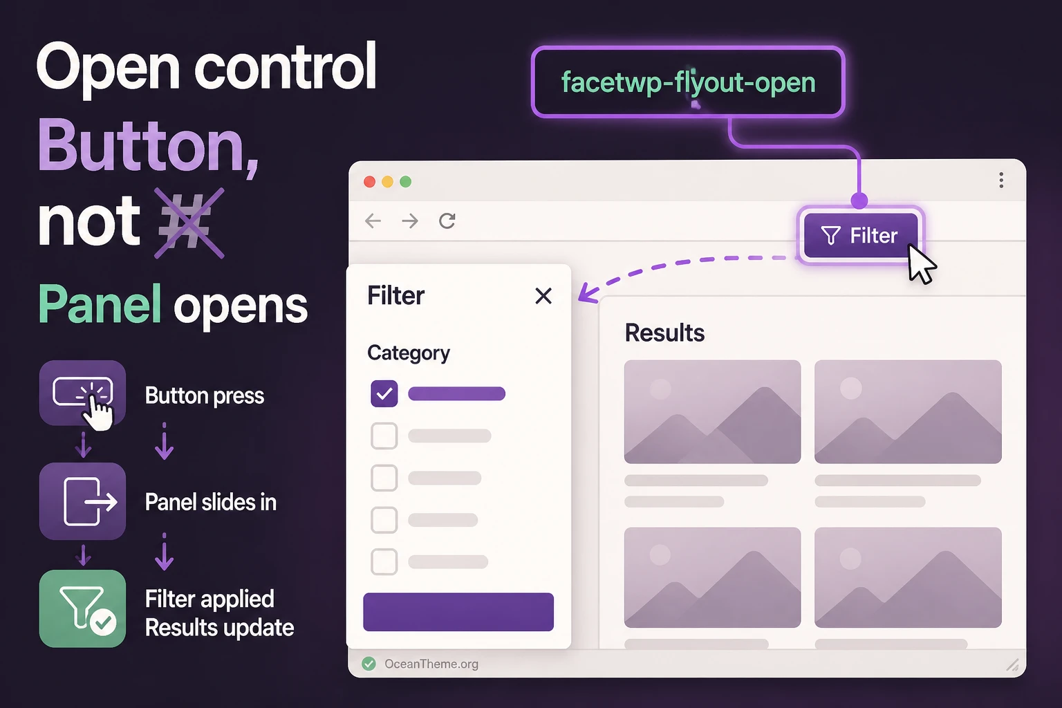 The facetwp-flyout-open button opens the conditions panel and updates results