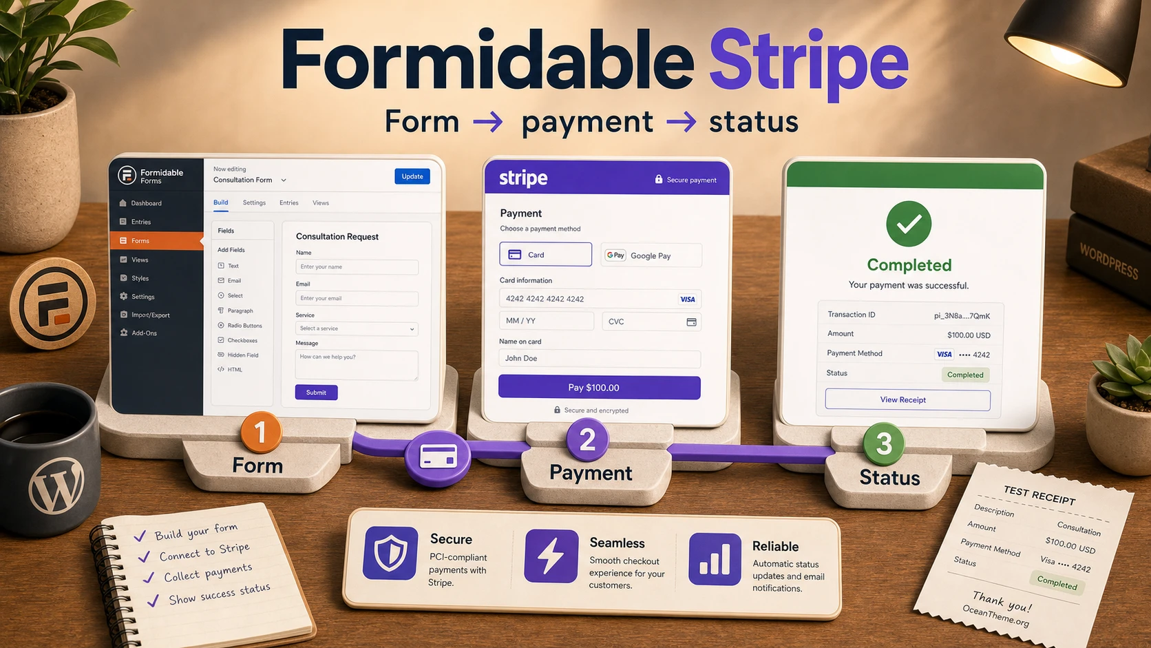 Formidable Stripe guide cover with a payment form and result verification
