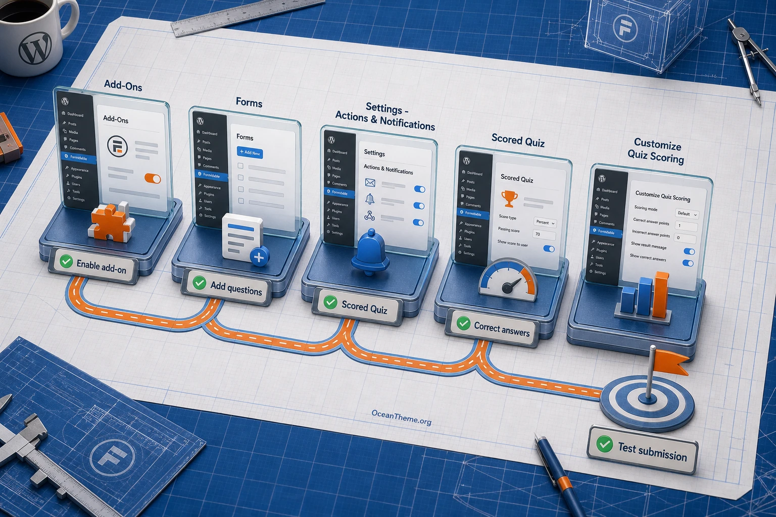 Scored quiz setup diagram in Formidable Quiz Maker after installation