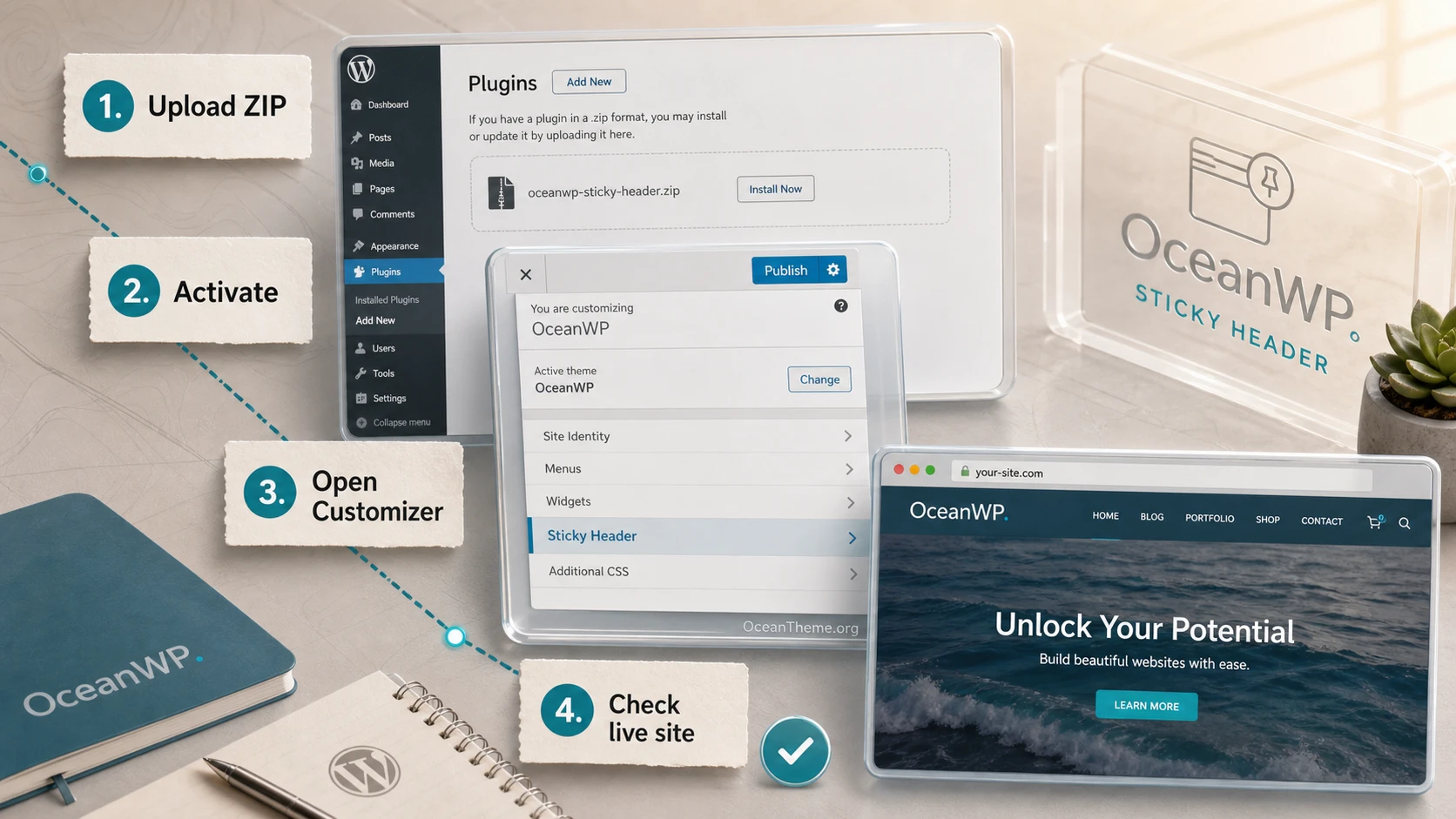 OceanWP Sticky Header initial setup map in the WordPress Customizer