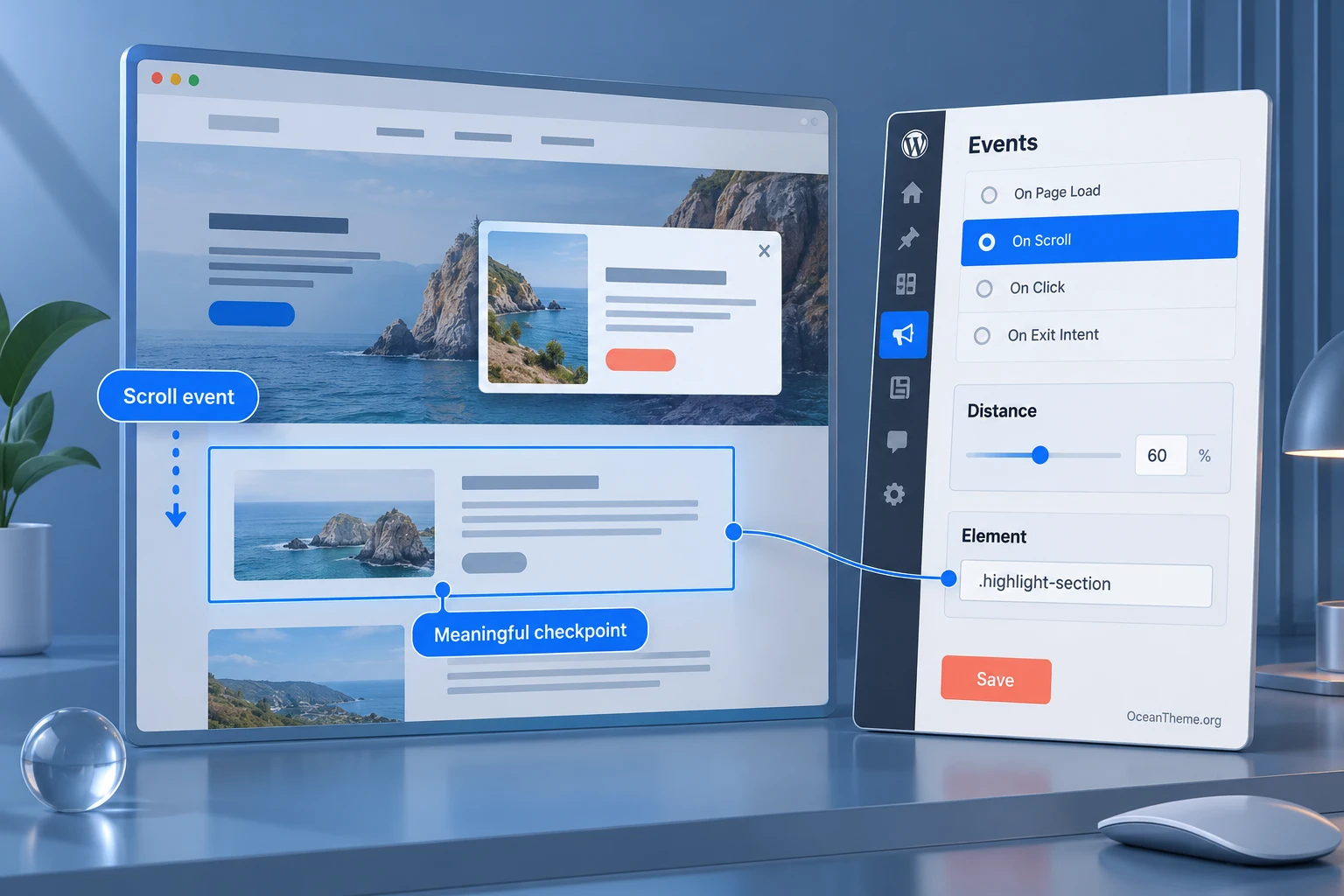Popup Builder Scroll setup diagram showing the On Scroll event, threshold, and meaningful page trigger point