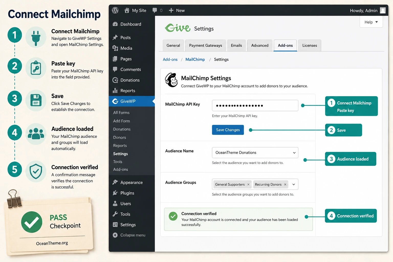 Give MailChimp configuration in WordPress: API key, Audience, and global rules