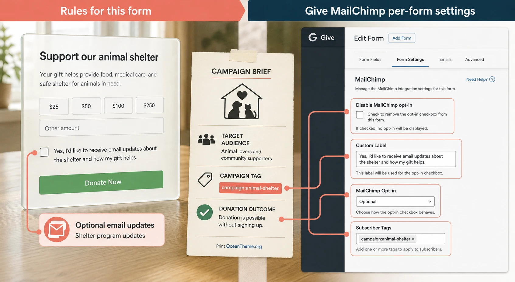 Individual Give MailChimp rules for a WordPress donation form