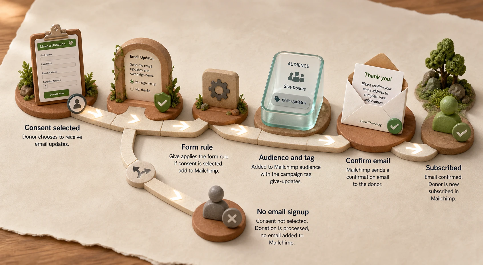 Give MailChimp flow: consent in the form, campaign rules, Audience, and Mailchimp tag