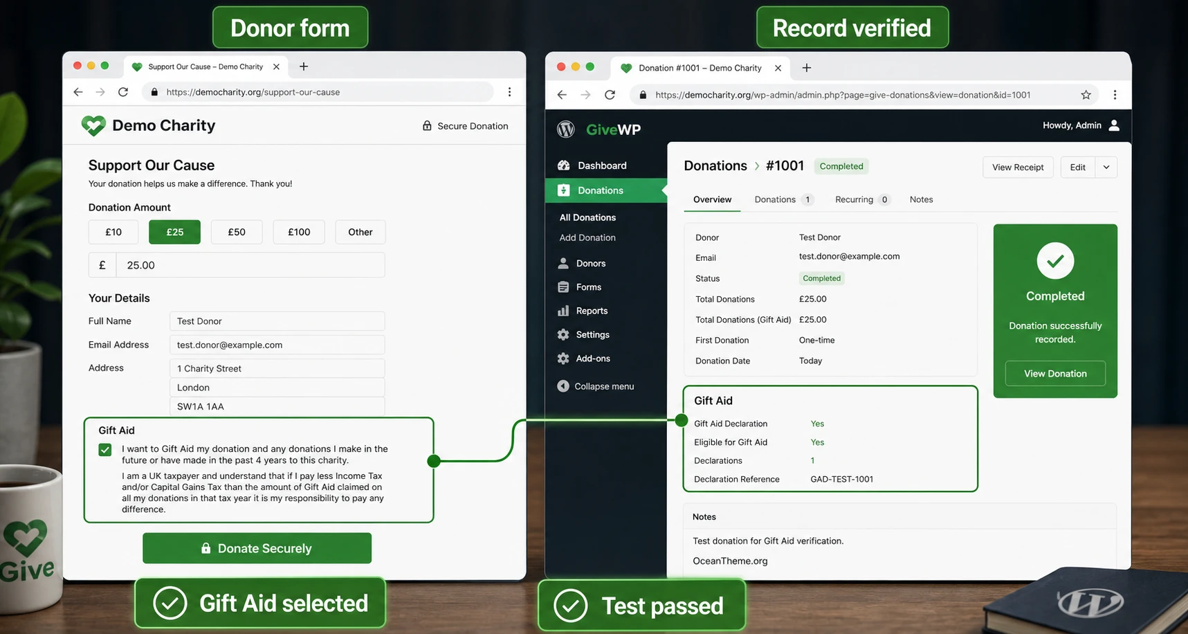 Example of checking Give Gift Aid on the donation page and in the admin record