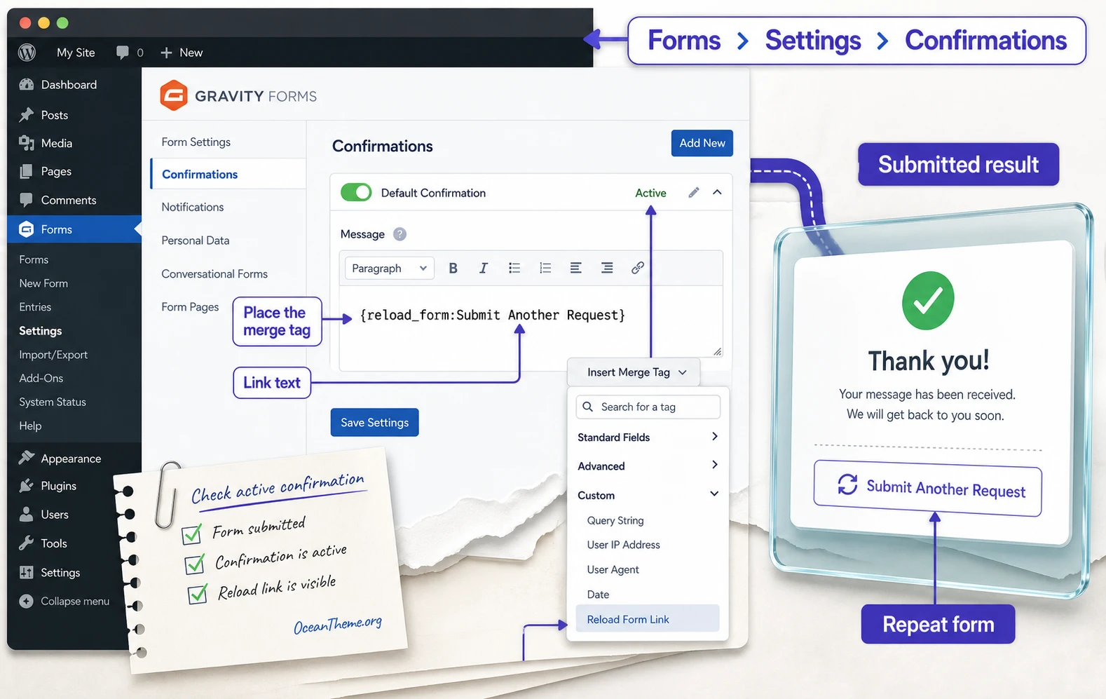 Configuring the reload_form merge tag in the Gravity Forms Reload Form confirmation message