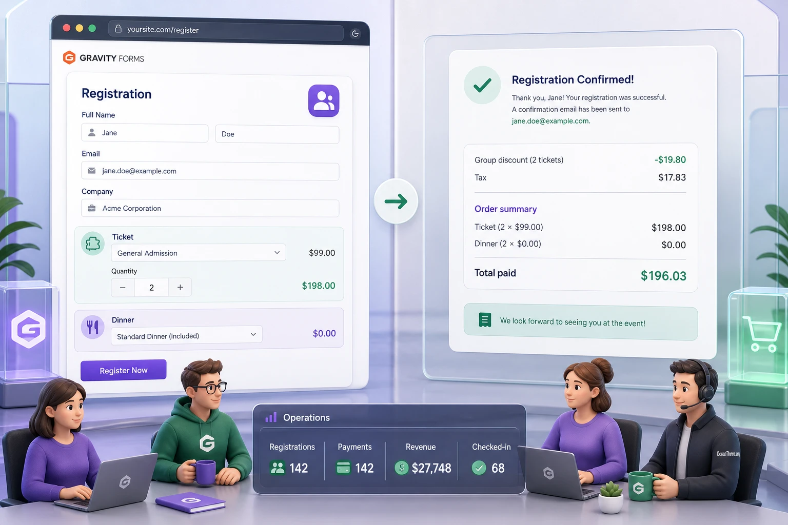 Example registration form with subtotal discount tax and total in Gravity Forms eCommerce Fields