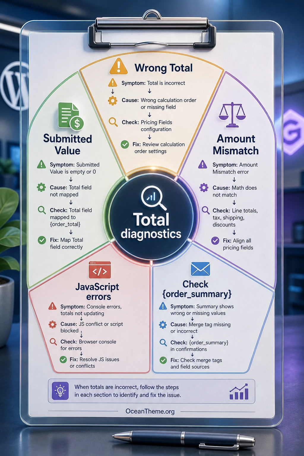 Diagnostic map for Gravity Forms eCommerce Fields errors with symptoms and checks