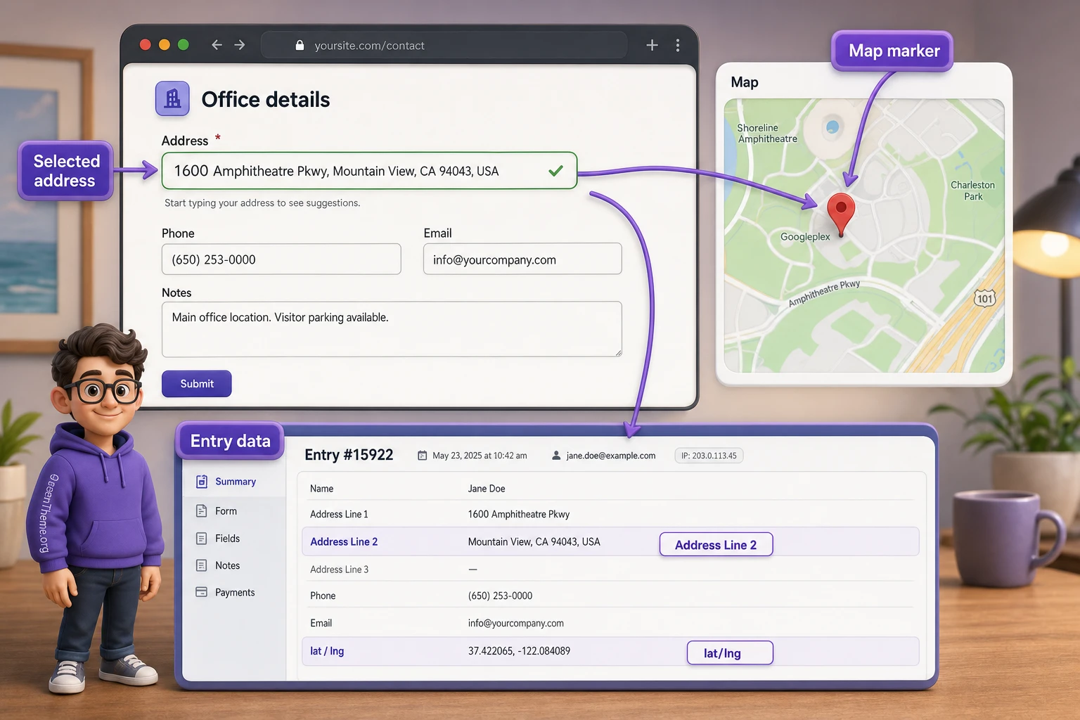 Example Gravity Forms Address Autocomplete result with address, map, and form entry