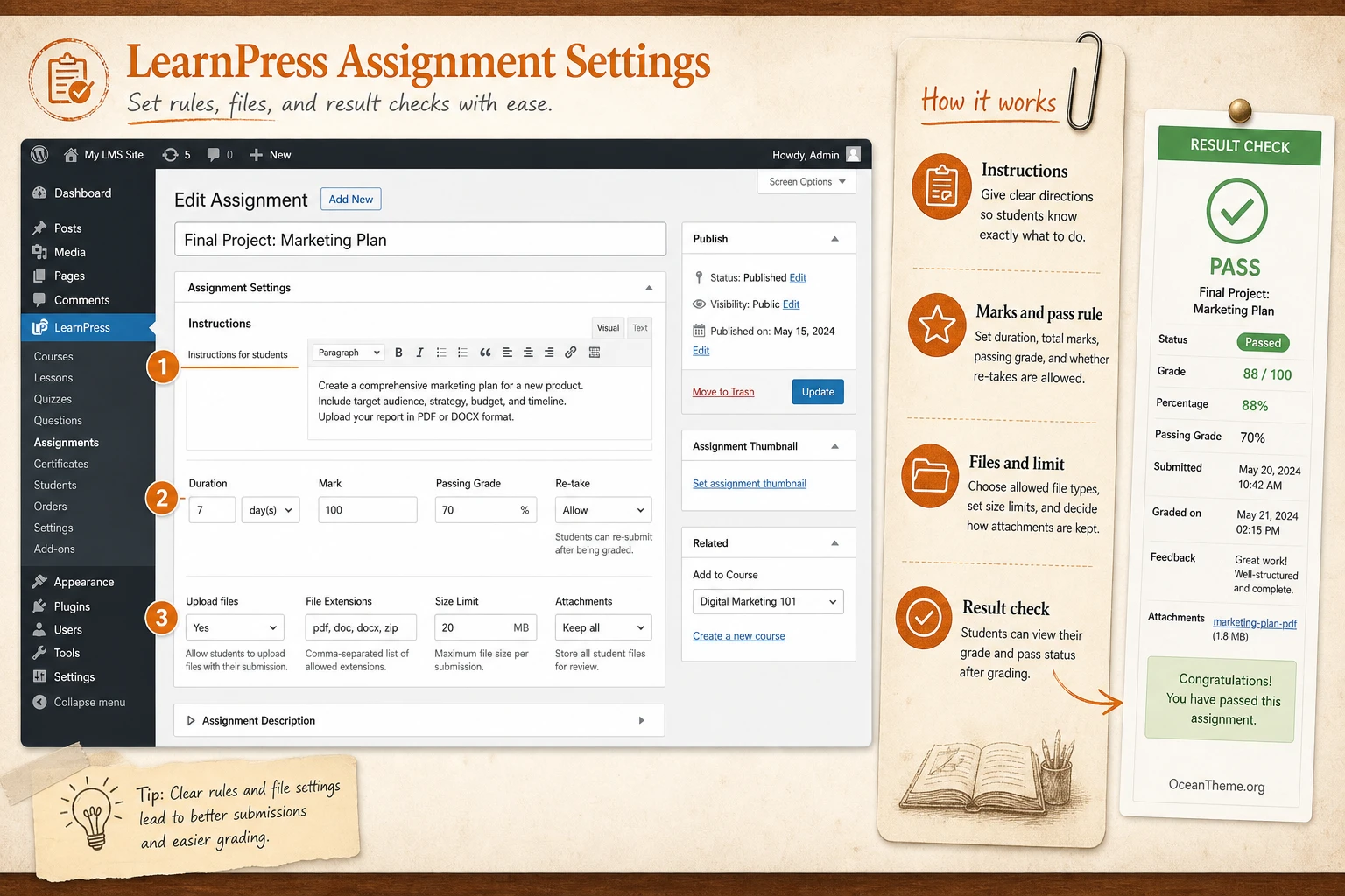 Configuring a LearnPress Assignment inside the course curriculum