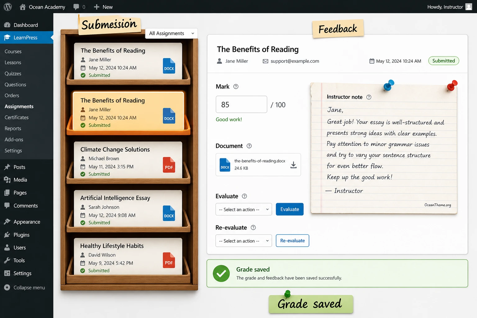 Grading a LearnPress Assignment submission with a score and instructor note