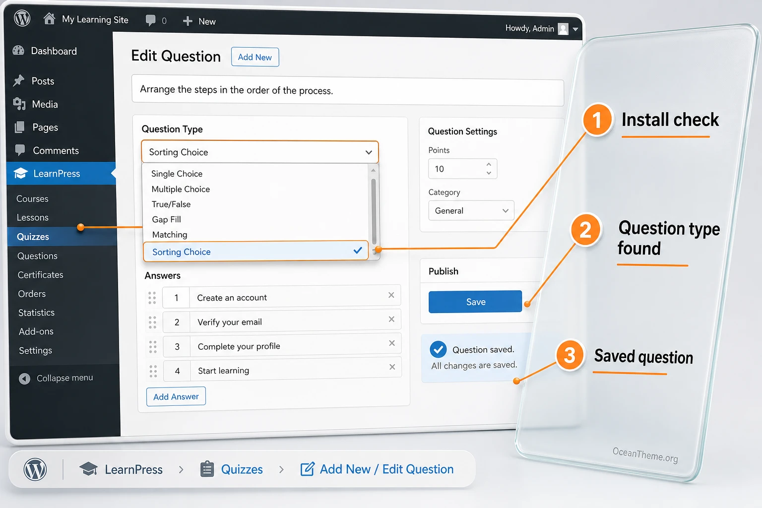 Checking whether the Sorting Choice type appears in the LearnPress Quiz editor