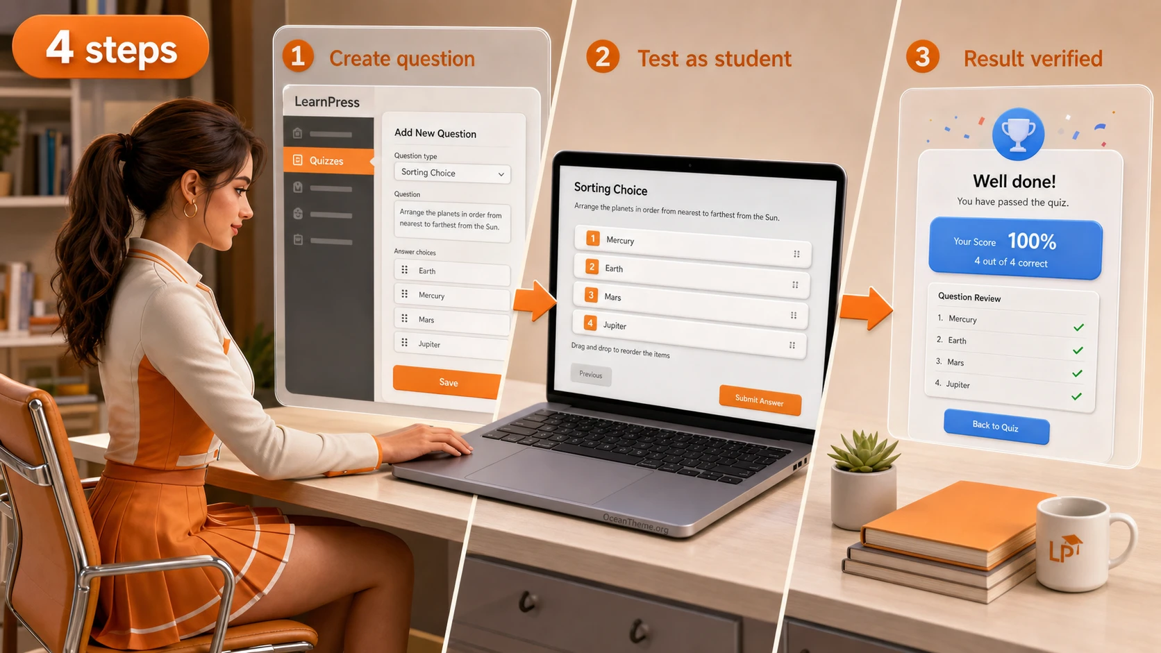 Example of a LearnPress Sorting Choice ordering task for a training course