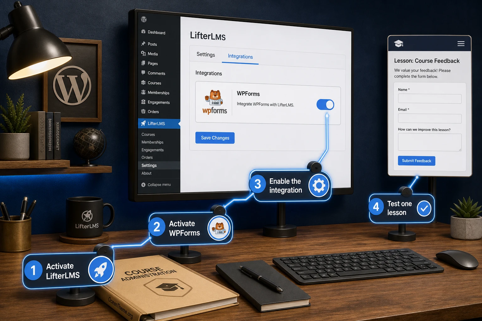 LifterLMS WPForms initial setup diagram showing the path to integration settings