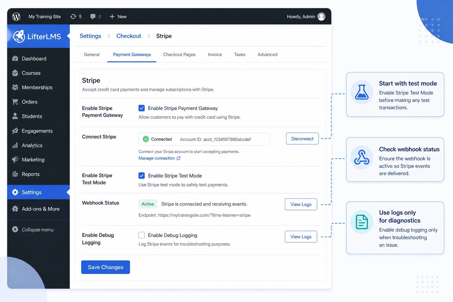 Map of LifterLMS Stripe Payments settings after installation