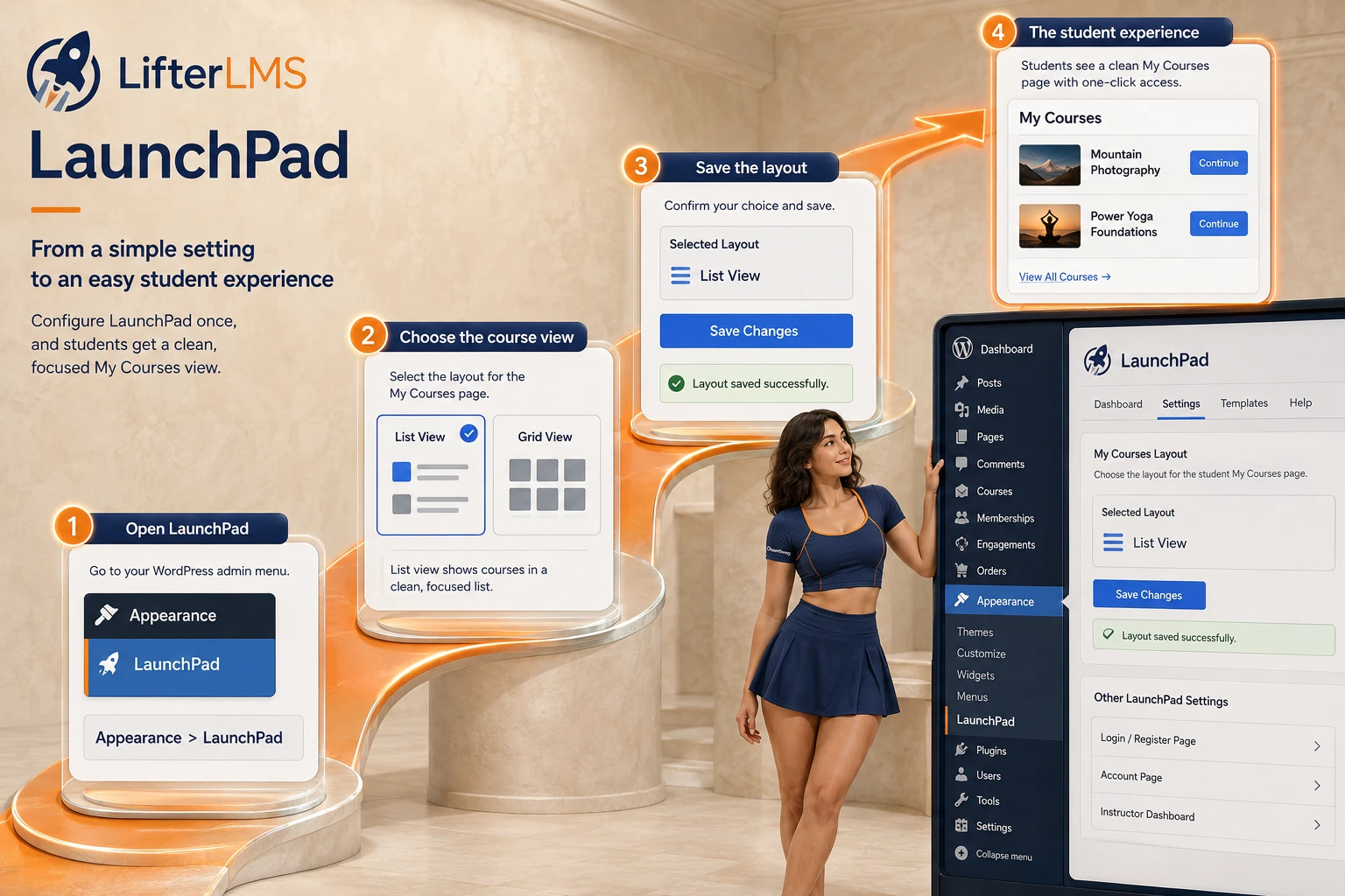 Map of the first LaunchPad settings pass from core layout to the student dashboard