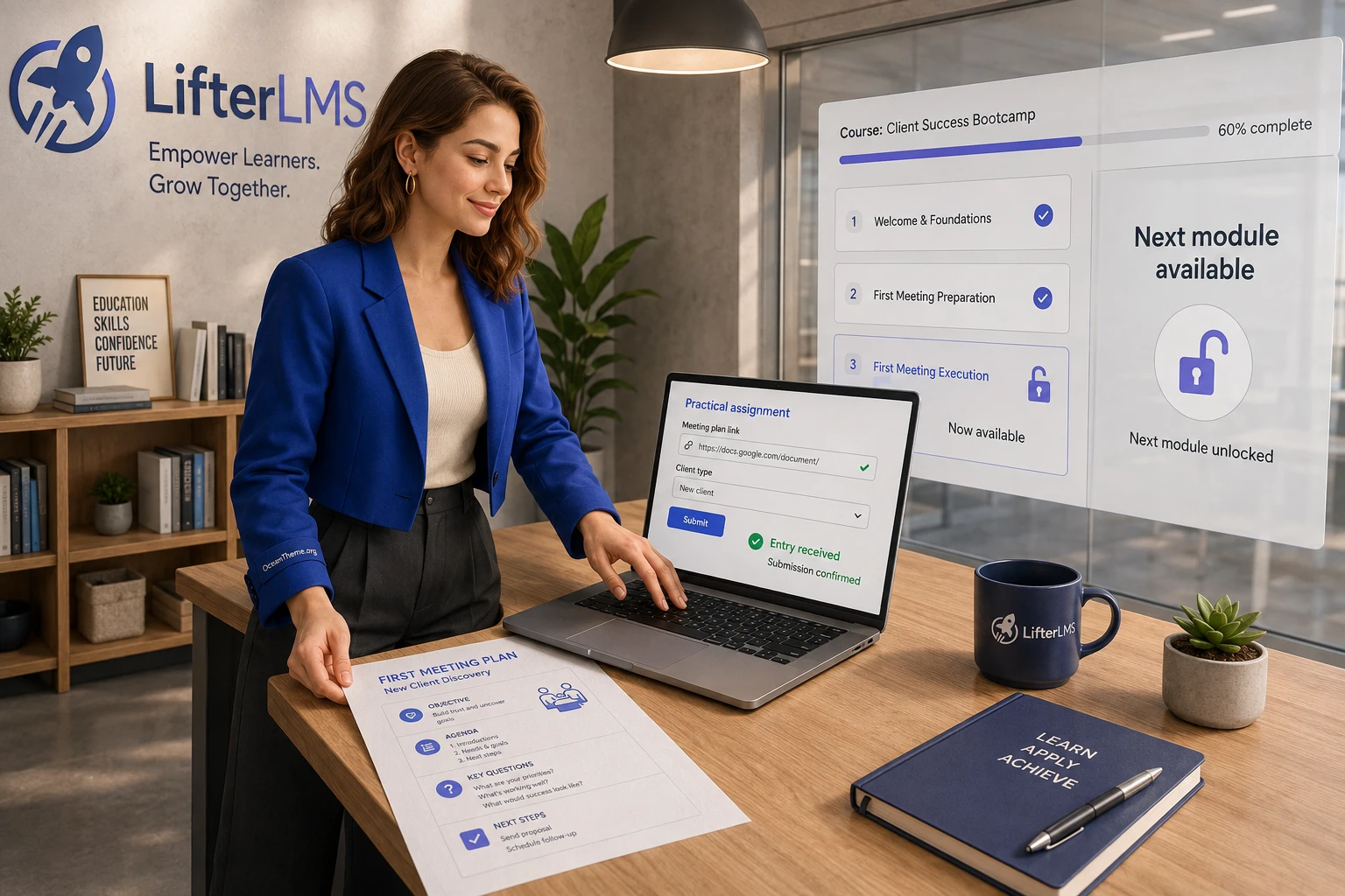 A learner submits a meeting plan through a LifterLMS Gravity Forms course form and sees the course continue