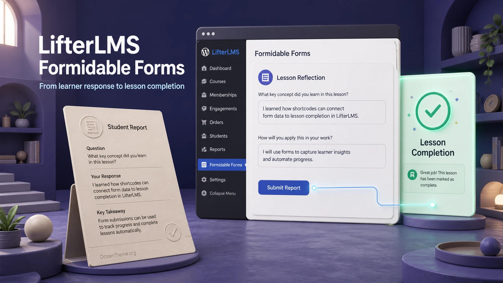 Diagram of the LifterLMS Formidable Forms connection between a lesson, student form, and completion status