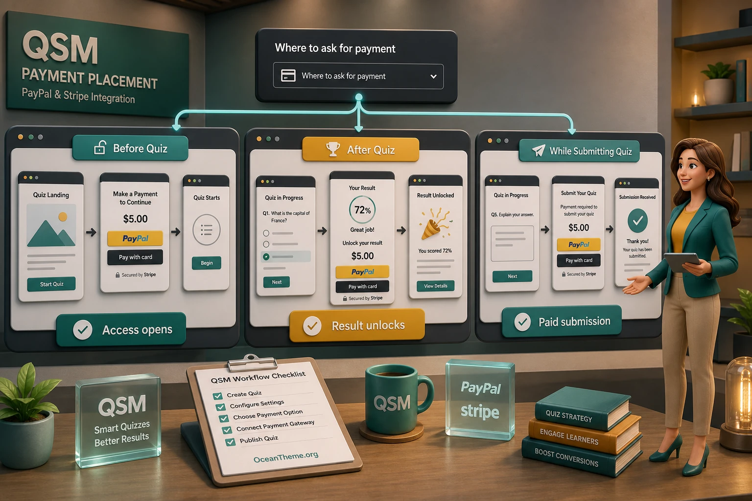Choosing the payment timing before quiz after quiz while submitting the quiz in QSM Paypal and Stripe Integration