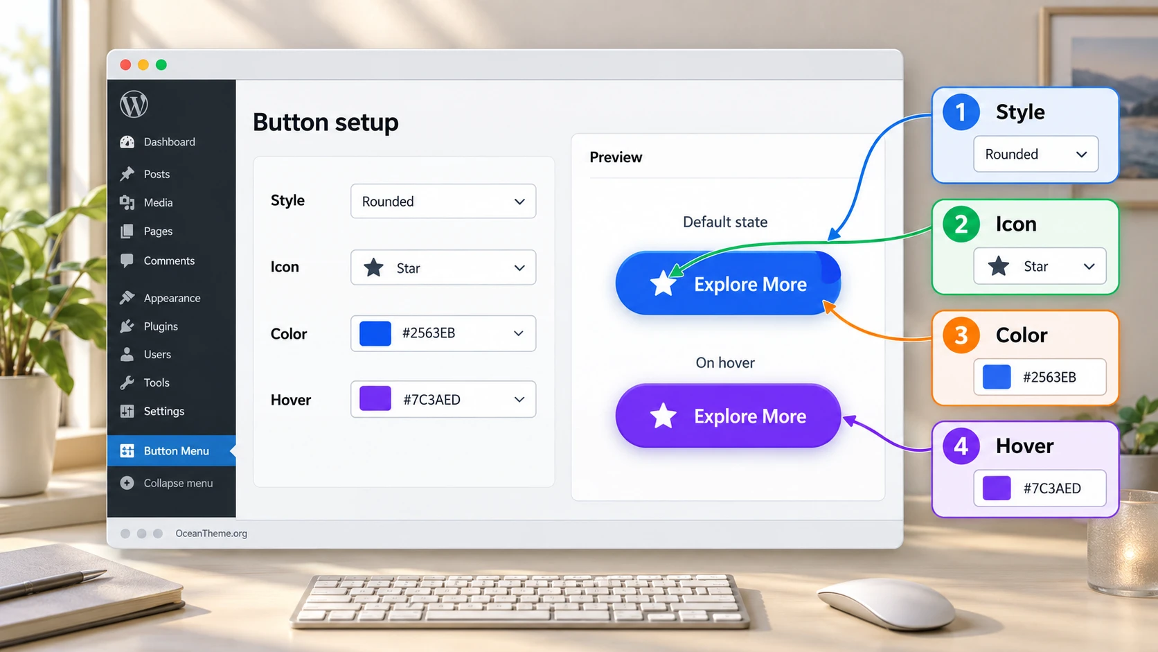 Setting up CodeCanyon Button Menu: style, icon, color, and hover state