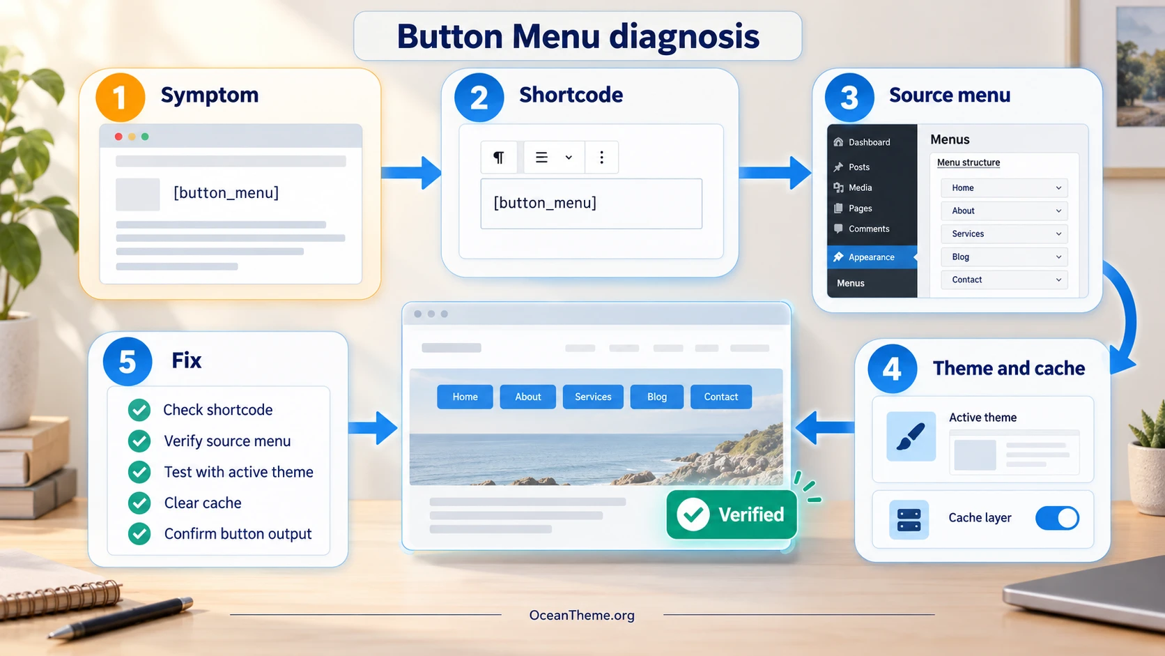 Troubleshooting CodeCanyon Button Menu: shortcode, source menu, theme styles, and output check