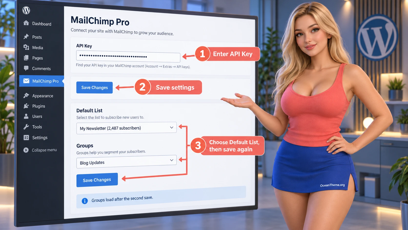 First-launch setup map for Restrict Content Pro MailChimp Pro in the WordPress admin