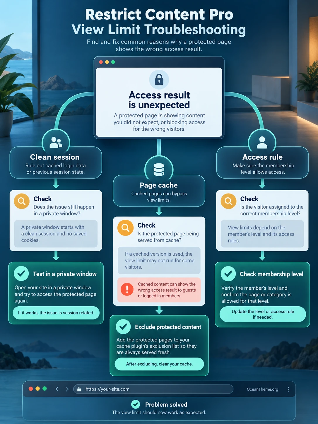 Troubleshooting map for checking caching, guest access, and member status in View Limit