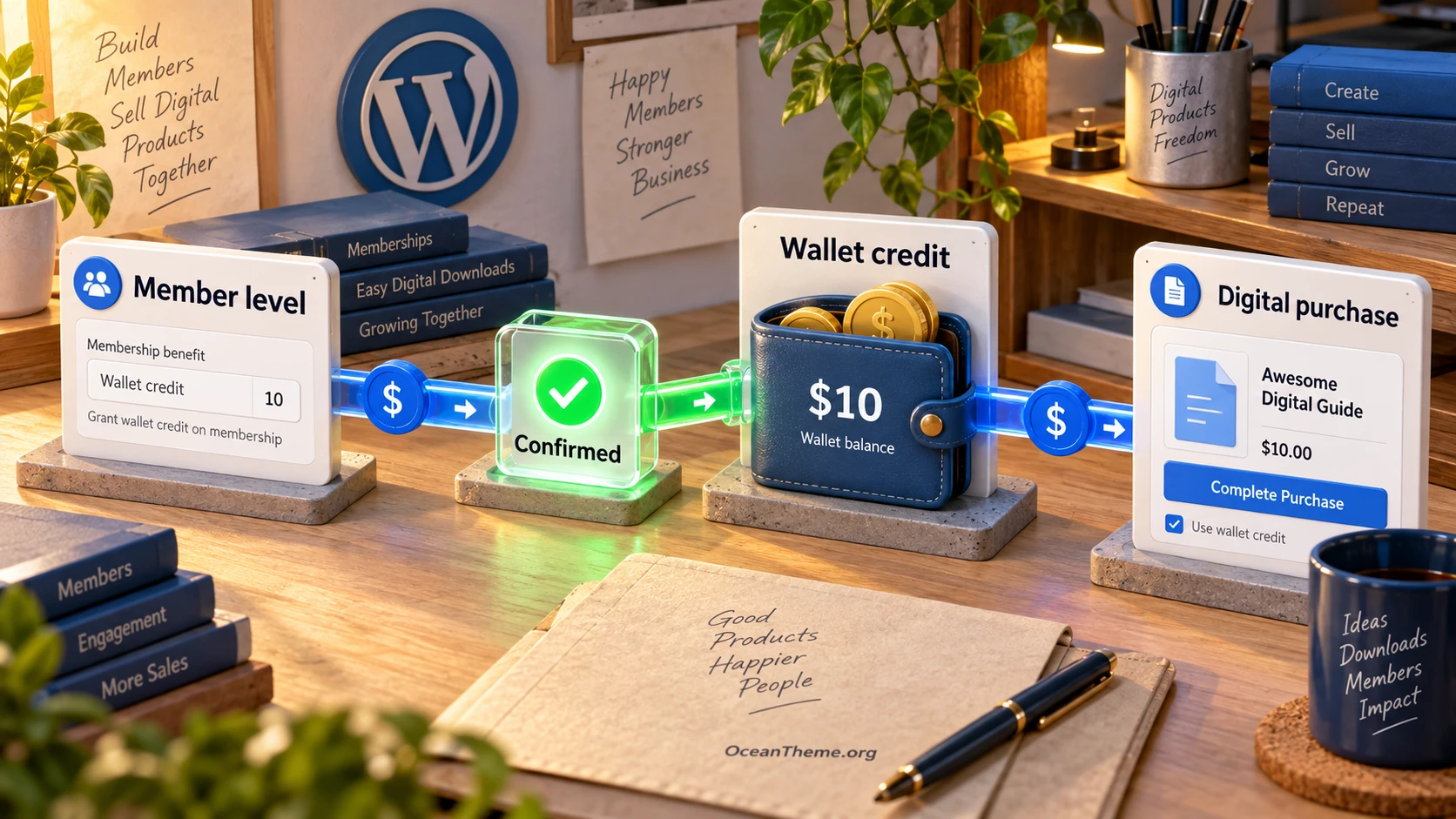 Diagram showing how Restrict Content Pro Easy Digital Downloads Wallet connects a membership level to an EDD balance