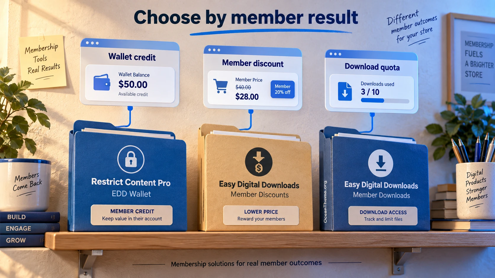 Comparison of wallet credit, discounts, and download limits for digital-store members