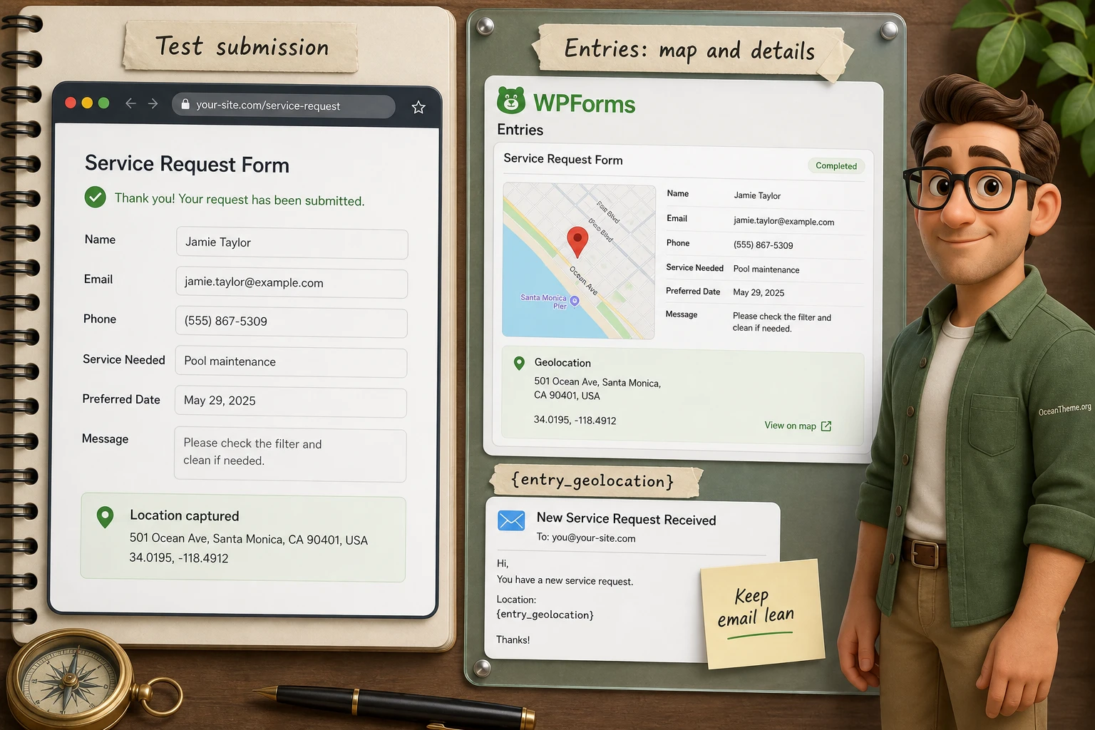 Example of a WPForms Geolocation result after form submission and viewing the submission geodata
