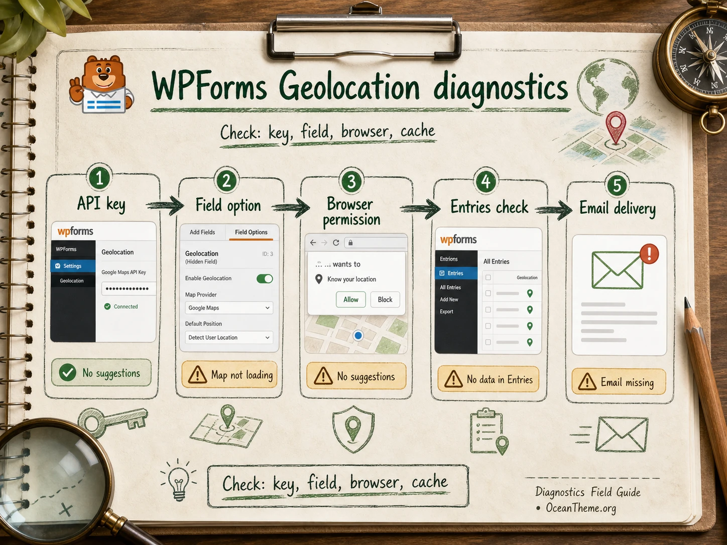 Diagnostic map of WPForms Geolocation issues for address autocomplete, map display, and notifications