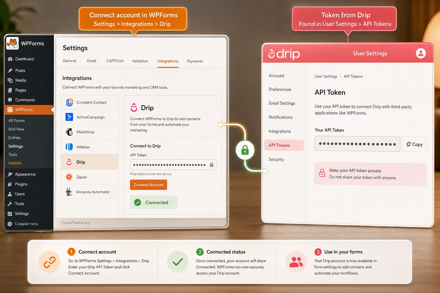 Connecting WPForms Drip through Integrations and an API Token