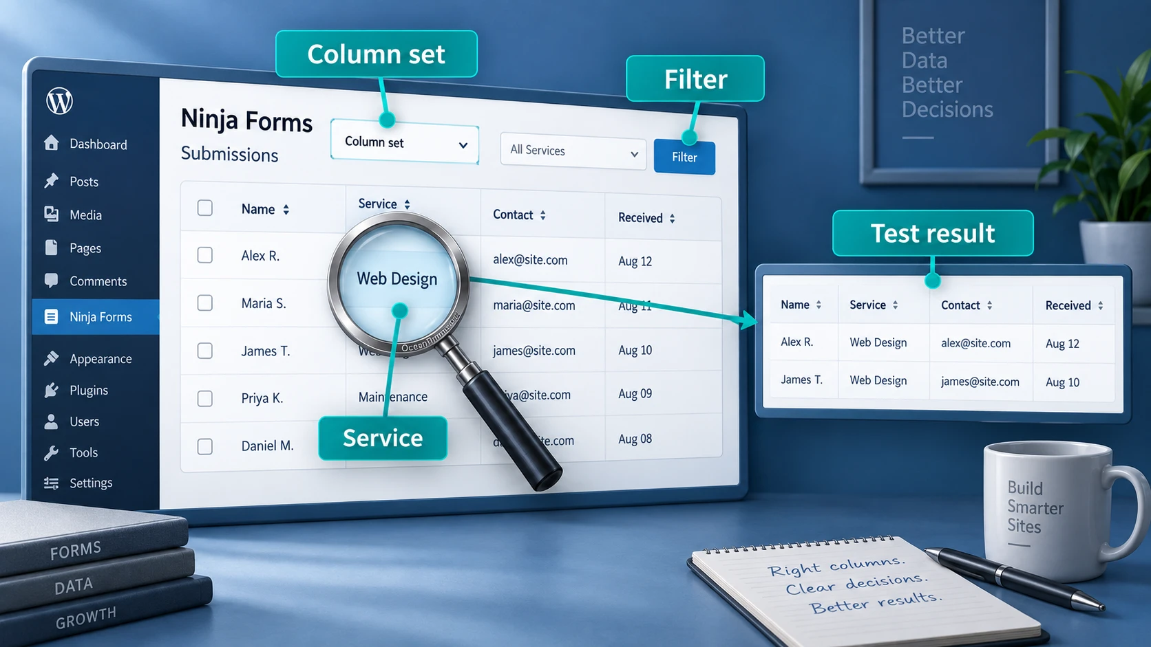 Configuring a Ninja Forms submission column set in Admin Columns Pro