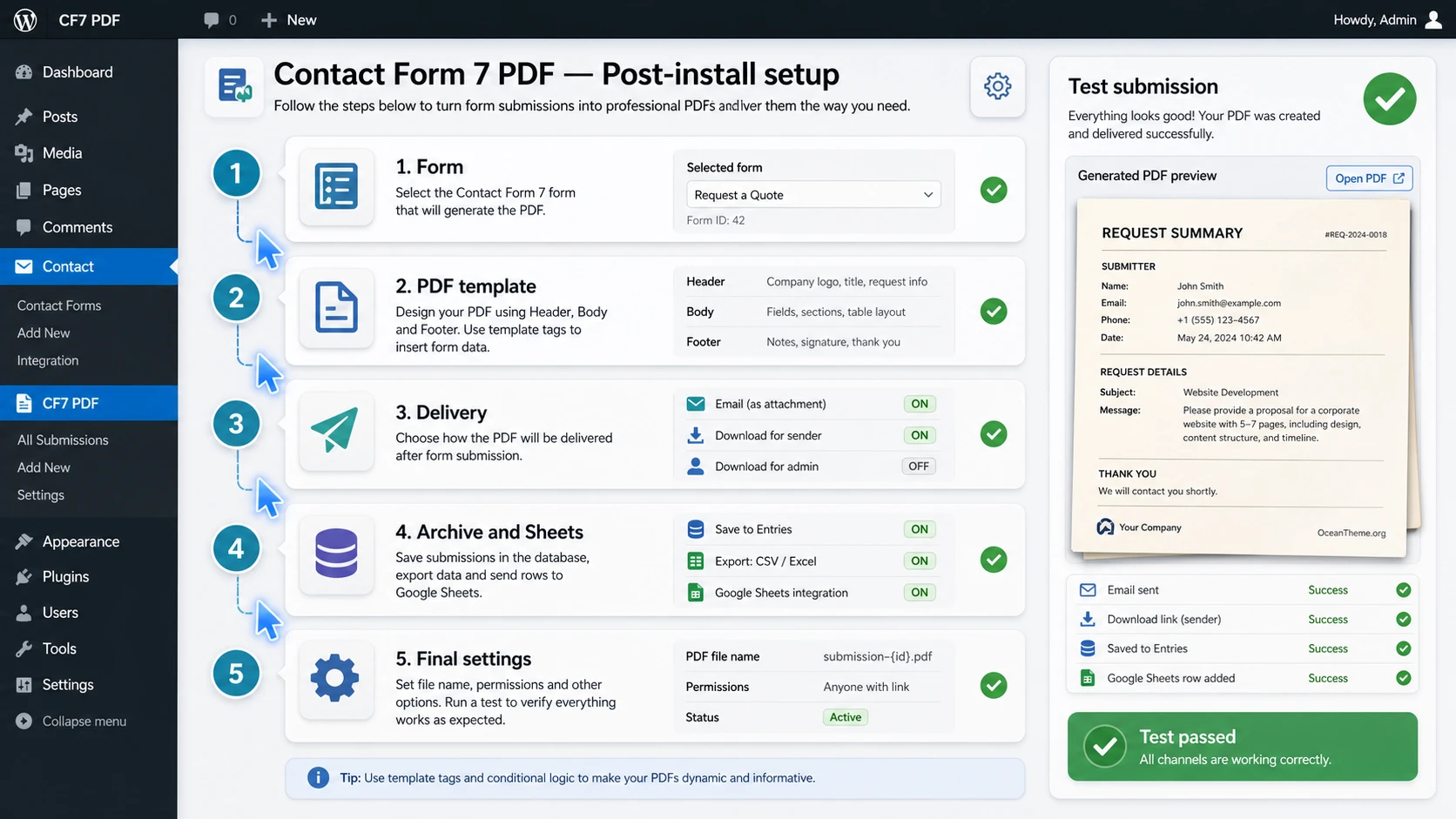 Map of the main CodeCanyon WordPress Contact Form 7 PDF settings after installation