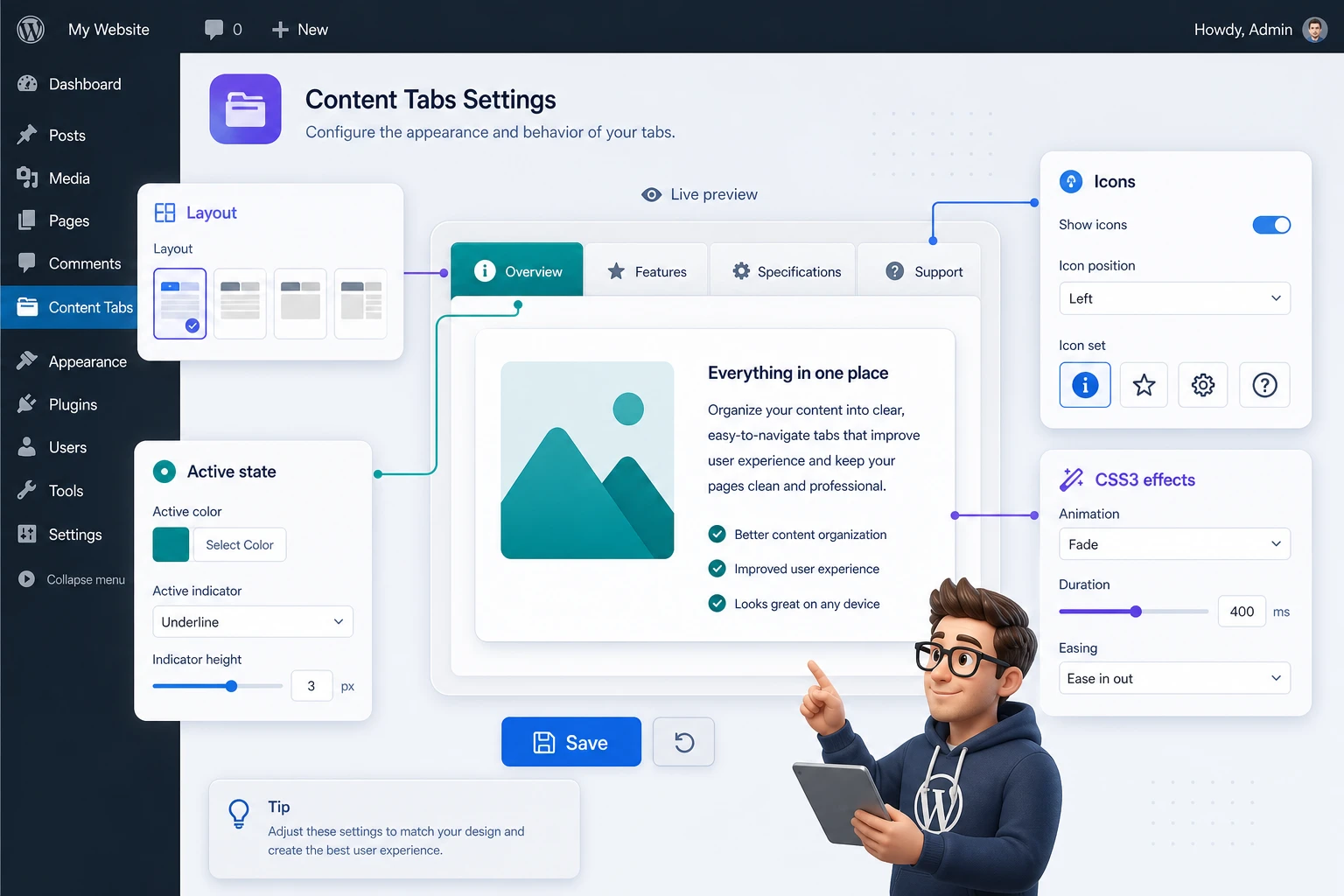 Layout, color, and icon settings for WordPress tabs