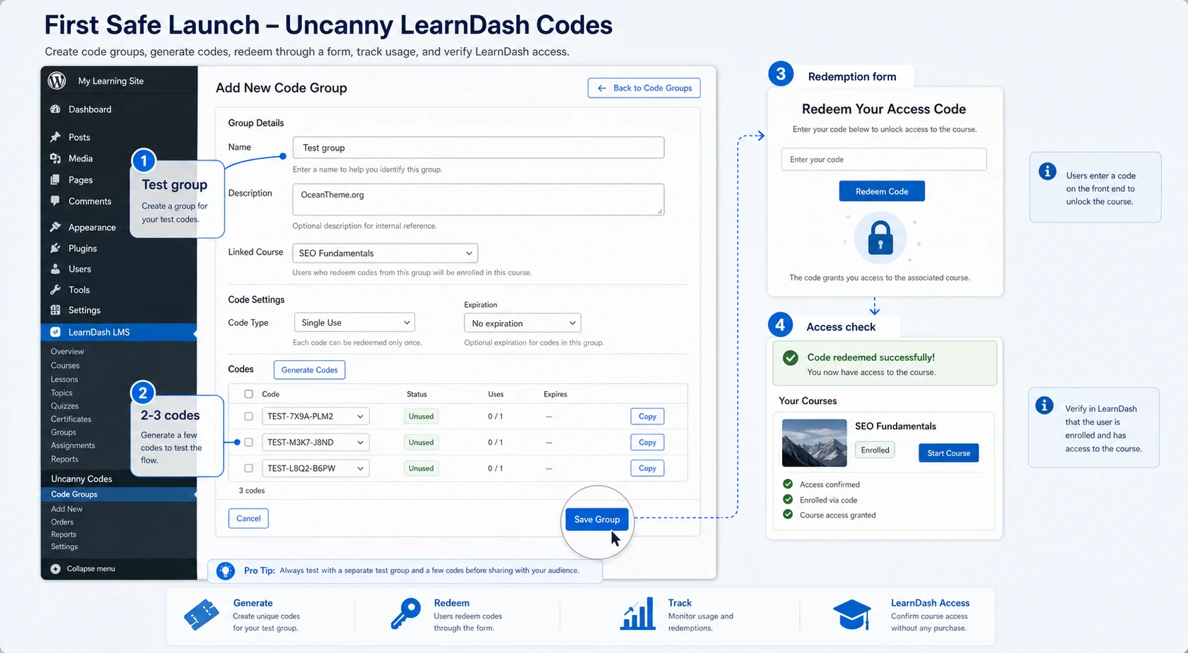 Diagram of the first Uncanny LearnDash Codes setup in the WordPress admin panel