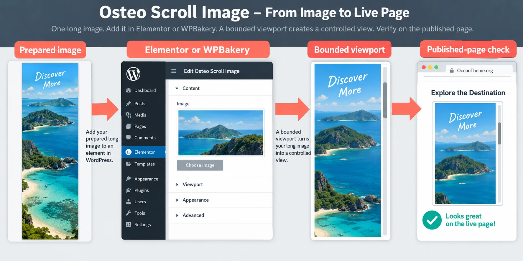 How a scrollable long image works in Elementor and WPBakery