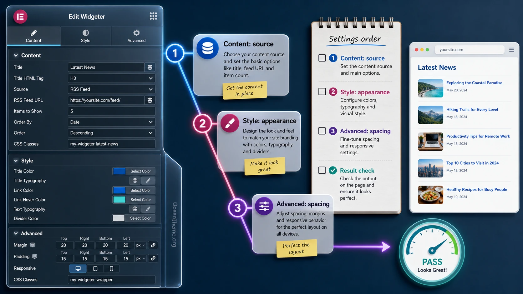 Widgeter settings: Content, Style, and Advanced in Elementor