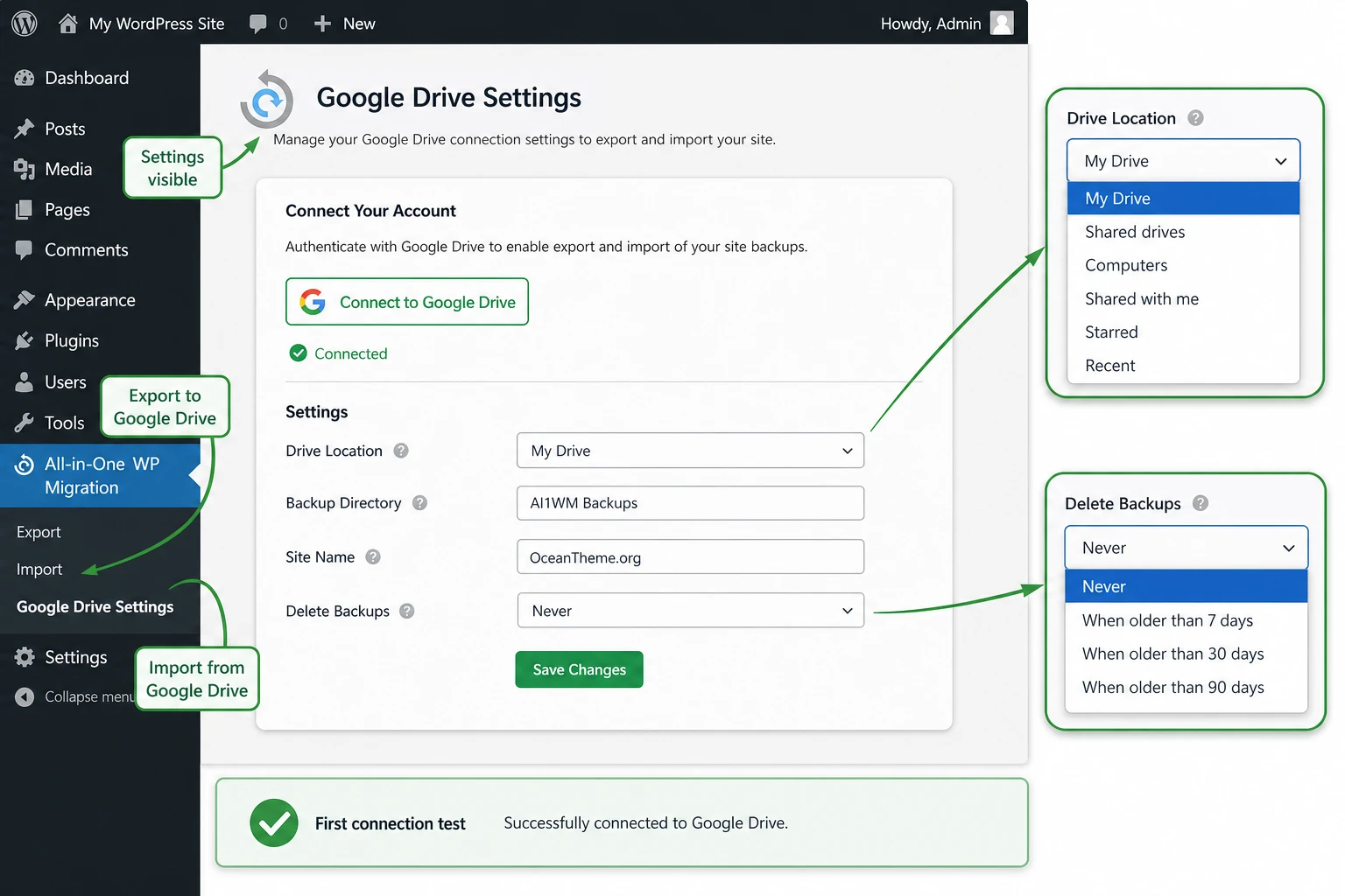 Diagram of the initial Google Drive Settings setup in All-in-One WP Migration Google Drive Extension