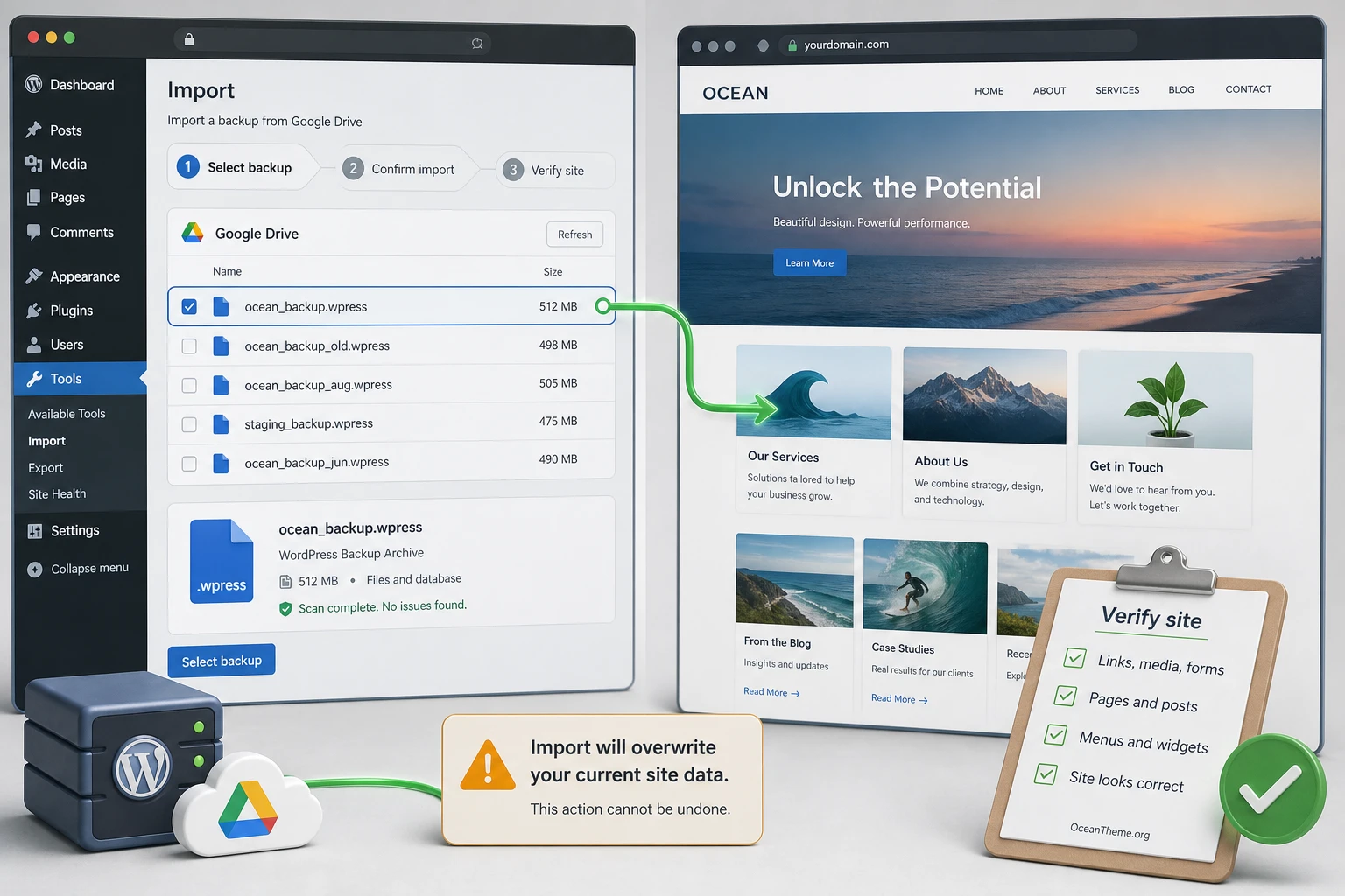 Post-restore verification after recovering WordPress from Google Drive through All-in-One WP Migration